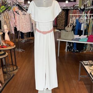 White Off-Shoulder Jumpsuit with Pink Belt